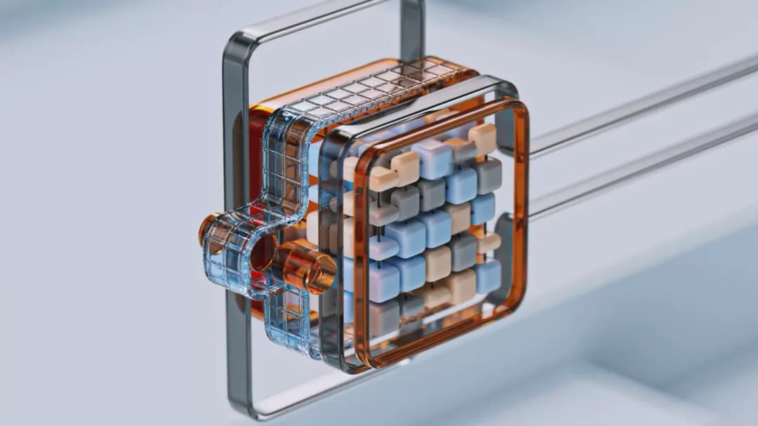 An abstract 3D illustration representing artificial intelligence and large language models