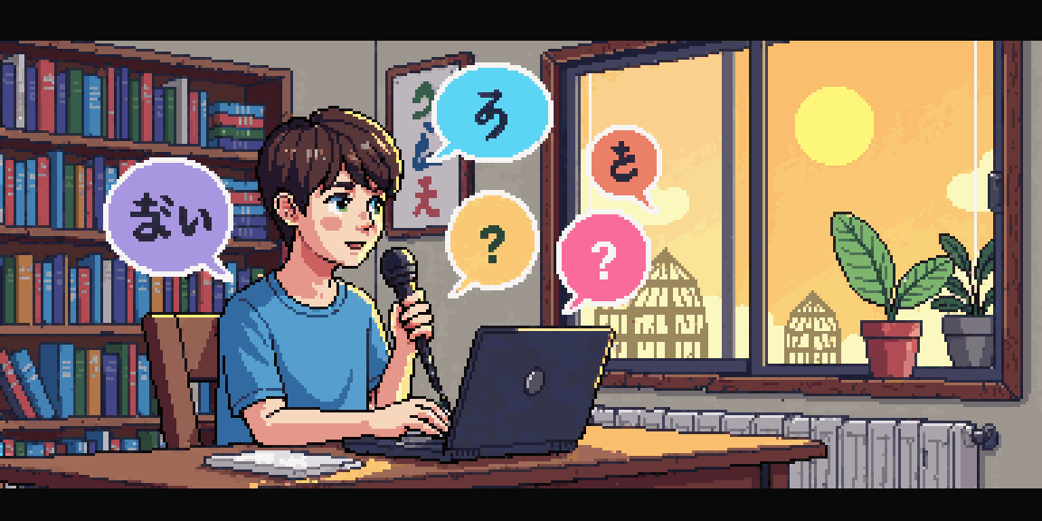 A pixel art young man speaking into a microphone at a laptop, with speech bubbles of Japanese kana floating up