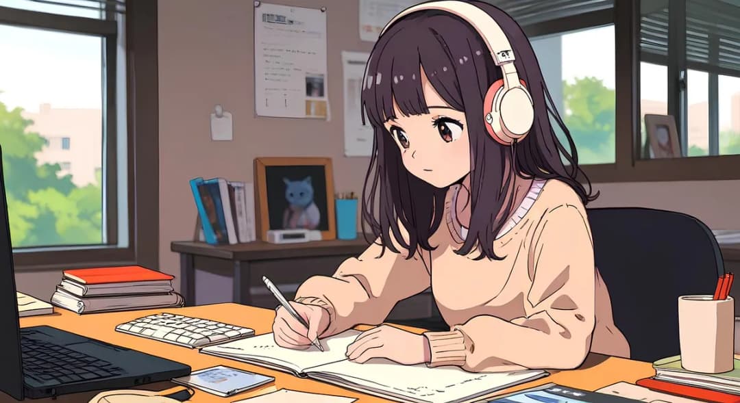 ヘッドホンをつけて机に向かい、ノートを開いて書き込む人物のアニメ風イラスト